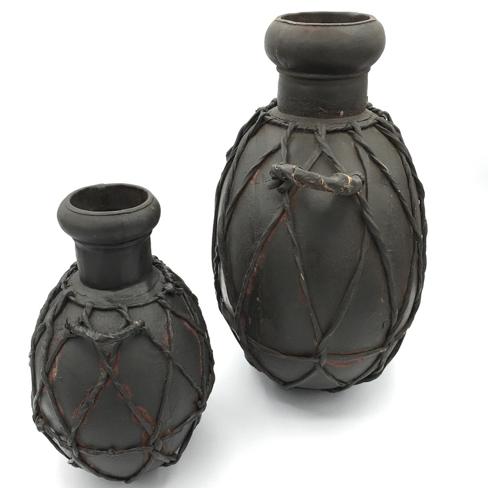 Italian Decorative Leather Wrapped Metal Canteen Water Jugs 12” & 8” Set of 2 - Picture 10 of 16